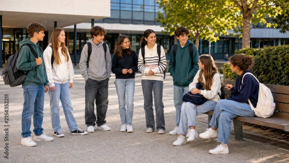 Obraz premium High School Students Socializing Outdoors on School Campus – Teen Friendship and Student Life