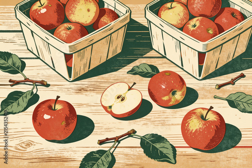 Vintage apple harvest illustration with wooden baskets