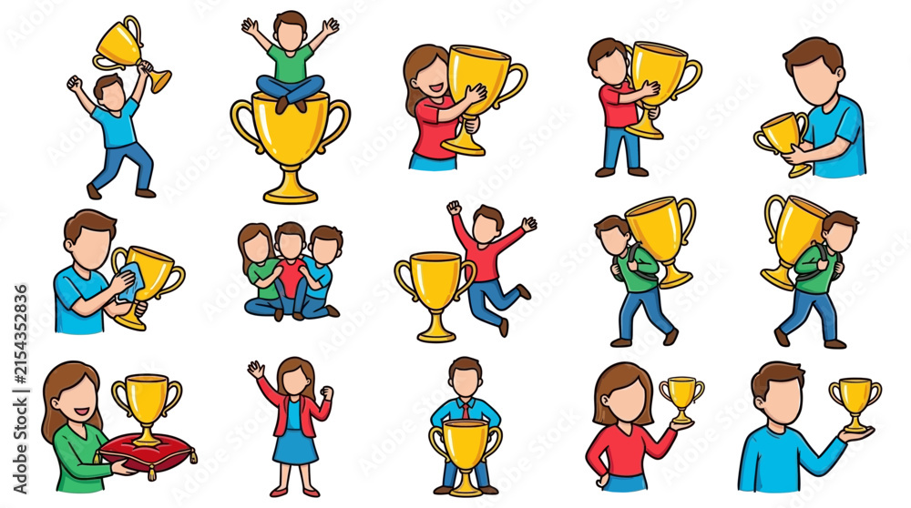 Fototapeta premium Collection of Diverse People Celebrating with Trophies and Awards Isolated on Transparent Background