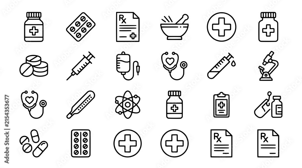 Fototapeta premium Medical and healthcare icon set in a minimalist outline style including medicine, syringe, stethoscope, prescription, microscope and lab test.