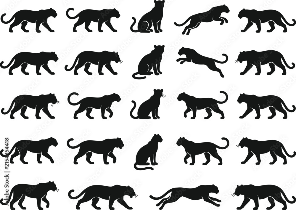 Obraz premium A collection of black panther silhouettes in various poses including walking, sitting, running, and jumping on a white background