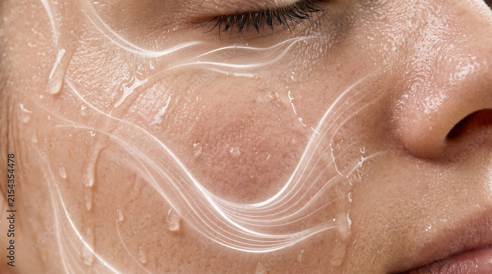 Fototapeta premium Extreme close-up of female facial skin with water drops and white waves, concept of deep hydration, rejuvenation and anti-aging spa treatment