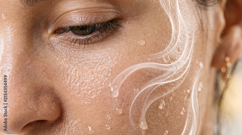 Fototapeta premium Extreme close-up of female facial skin with water drops and white waves, concept of deep hydration, rejuvenation and anti-aging spa treatment