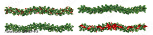 Fotografie Christmas garlands with festive decorations, pinecones, red berries, and sparkling lights on transparent background