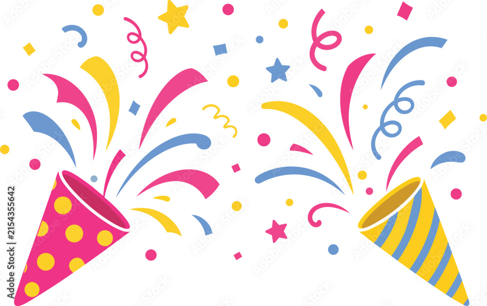 Fototapeta premium Double party popper illustration, confetti and streamers vector