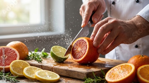 Professional chef slicing fresh blood orange with dynamic juice splash on wooden cutting board