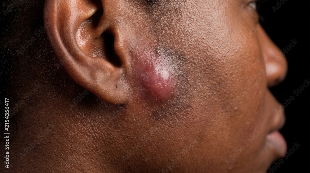 Naklejka premium Close up side view of dark skin face showing large inflamed sebaceous cyst on cheek near ear