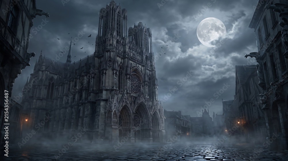 Obraz premium Gothic Cathedral Under a Full Moon: A majestic gothic cathedral stands silhouetted against a dramatic full moon and cloudy sky, casting an eerie shadow over a desolate cobblestone street.