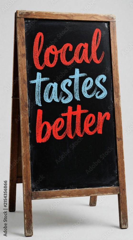 Obraz premium Wooden easel blackboard displays text Local Tastes Better. Chalkboard messages promote shop local food concept. Vintage signage stands on neutral background.