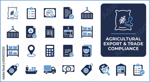 Agricultural Export and Trade Compliance Icon Set for Global Logistics and Shipping