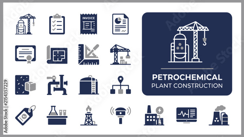Petrochemical plant construction icons set containing industrial refinery and engineering symbols