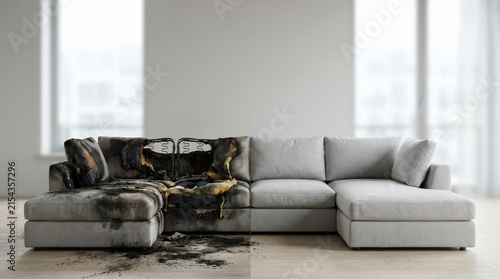 Burned and Pristine Sofa Split, Before After Fire Damage Concept