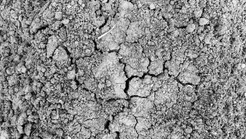 Foto Cracked dry soil texture showing irregular clay fragments and deep fissures, useful for environmental reports, geological education, website backgrounds, and editorial design