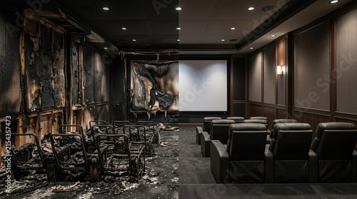 Split View Of Luxury Home Cinema Before And After Fire Damage