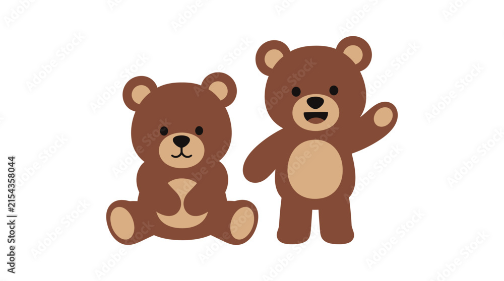 Fototapeta premium Two Brown Teddy Bears Flat Vector Illustration On White Background