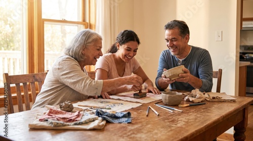 Multigenerational Family Smiling and Enjoying Handmade Craft Activity Together at Home