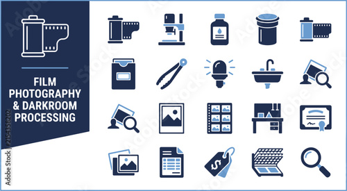 Set of blue icons representing classic film photography analog camera equipment and darkroom processing tools