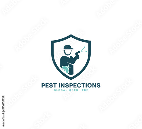 Pest Inspection Logo With Exterminator Technician And Protective Shield For Pest Control, Termite Treatment, Fumigation, Property Protection, Residential And Commercial Service Branding