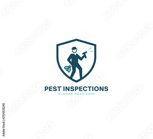 Pest Inspection Logo With Exterminator Technician And Protective Shield For Pest Control, Termite Treatment, Fumigation, Property Protection, Residential And Commercial Service Branding