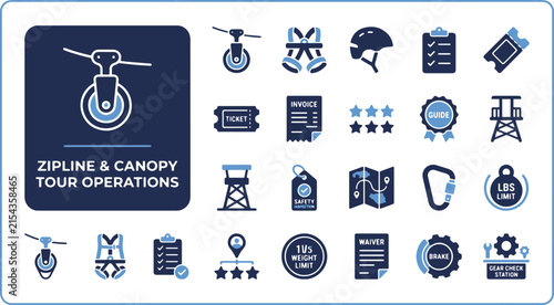Ziplining adventure icons and canopy tour equipment linear glyph vector set