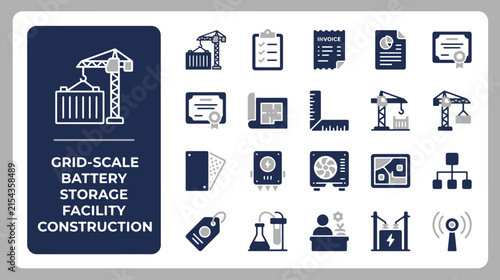 Grid Scale Battery Energy Storage Facility Construction and Industrial Engineering Icon Set