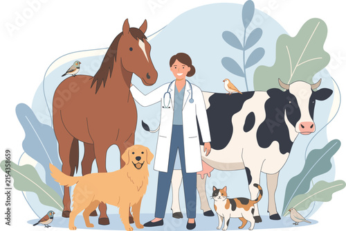 Bild auf Leinwand Smiling female veterinarian standing with farm livestock and domestic pets in mo