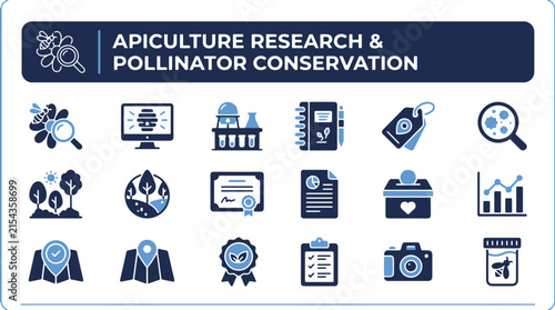 Professional Icon Collection Illustrating Beekeeping Scientific Research and Environmental Pollinator Conservation Efforts