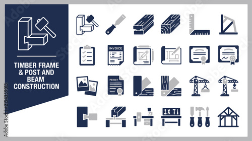 Timber Framing and Post and Beam Carpentry Construction Icon Set