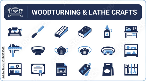 Woodworking and woodturning lathe craft icon set featuring workshop tools, chisels, safety gear, and wood turning equipment