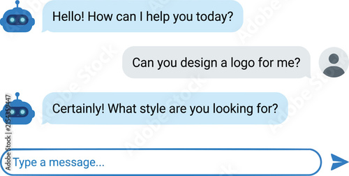 Chat box conversation interface with robot assistant and user messages on transparent background.