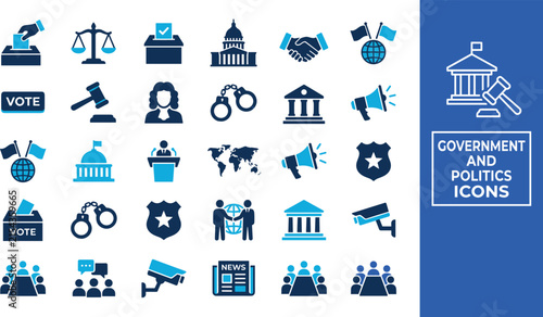  Government and politics icon set featuring flat law election voting court symbols for legal administrative website design vector