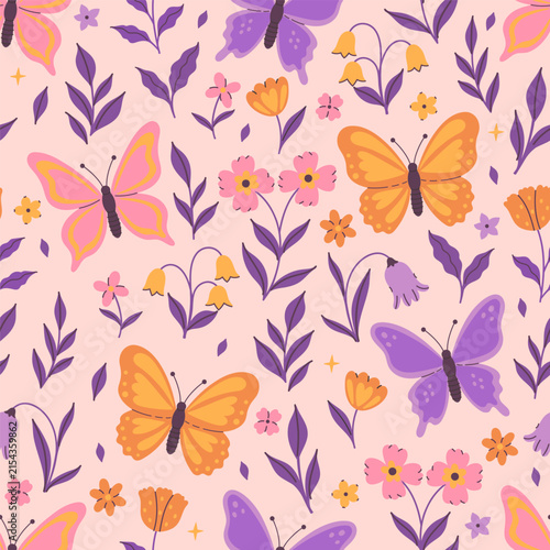 Seamless pattern with butterflies and flowers. Vector graphics.