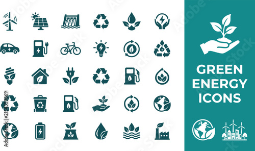 Green energy flat glyph icon set for renewable power sustainability presentation template eco friendly website and mobile application design
