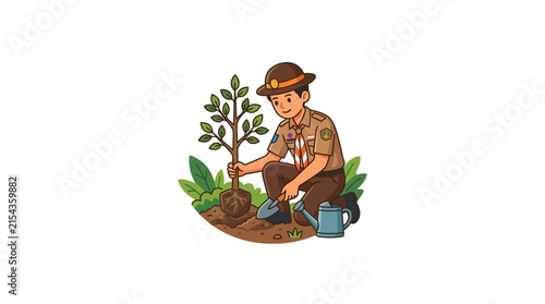 Scout boy planting a small tree in nature.