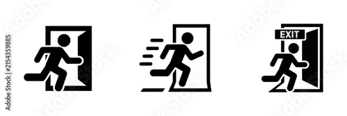emergency exit icon set with running man and open door signs for fire safety evacuation
