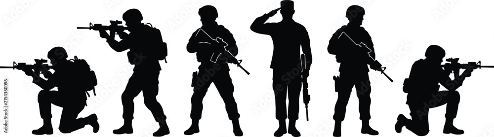 Obraz premium Silhouette collection of soldiers in military uniforms holding rifles and saluting isolated on a white background, for patriotic projects