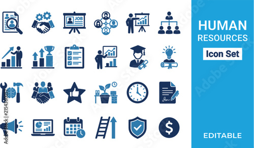 Human resources and recruitment flat glyph icon set for corporate business employment management software application interface design