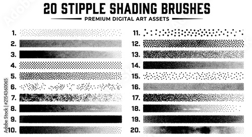 Stipple shading brushes set of 20, vintage halftone texture strokes, retro grainy dot patterns for digital art and illustration