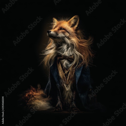 Elegant anthropomorphic fox dressed in formal suit with long flowing fur and confident pose against dark background