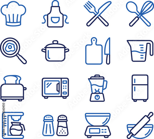  Kitchen cooking line icons set representing restaurant tools culinary equipment household appliances and food preparation blue vector illustration