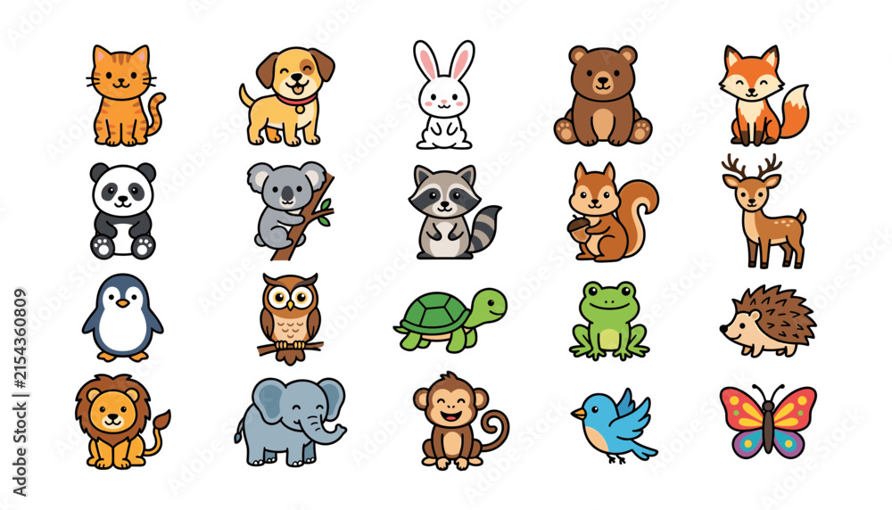 Obraz premium Cute Cartoon Woodland and Safari Animal Vector Icon Set for Children Graphic Design