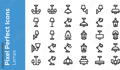 Minimal lamp line icon set featuring pixel perfect lighting fixtures outline symbols for interior design website presentation vector