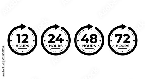 Fotografie Minimalist delivery time icons, 12 24 48 and 72 hours clock symbols, black circu