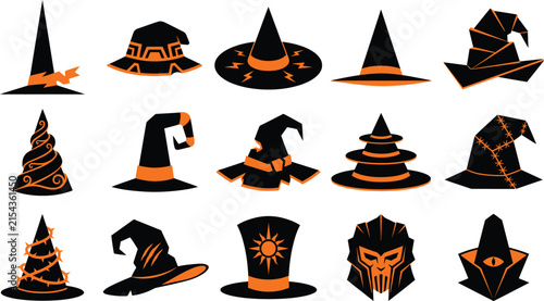 Collection of various black witch hats decorated with orange pumpkins and festive elements for halloween holiday design projects