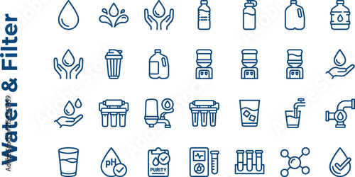  Minimal water and filter line icon set featuring outline purification system symbols for clean beverage marketing presentation vector