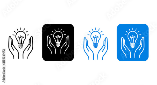 Minimalist light bulb and hands icon set, creative idea and innovation symbols, 4 linear business solution graphics