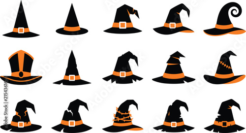 Set of various black witch hats isolated on white background for halloween celebration and magic themed graphic design projects