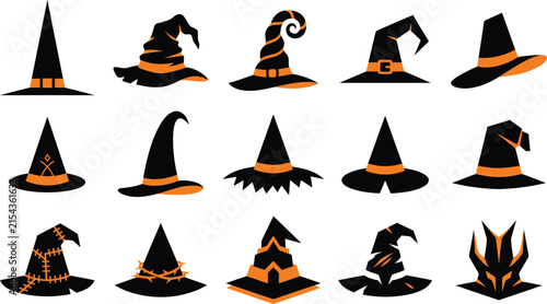 Set of various witch hats isolated on white background for halloween party decorations and creative graphic design projects