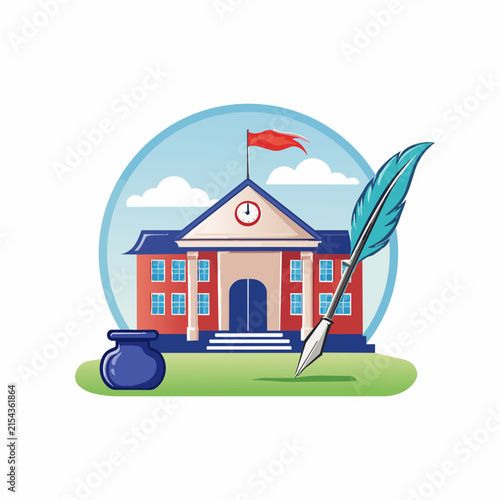 Red academic building illustration with vintage quill pen and inkwell symbolizing learning.