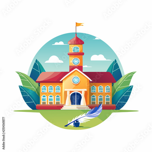 Colorful university building illustration with clock tower and quill pen in a circular frame